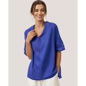 Lintico Linen V-Neck Short Sleeve Shirt Sierra Royal Blue Small
